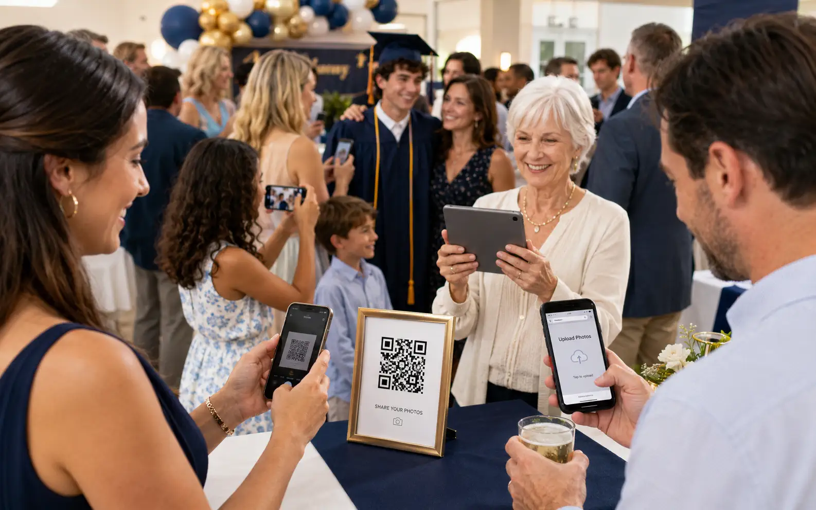 Guests uploading graduation party photos from their phones via QR code