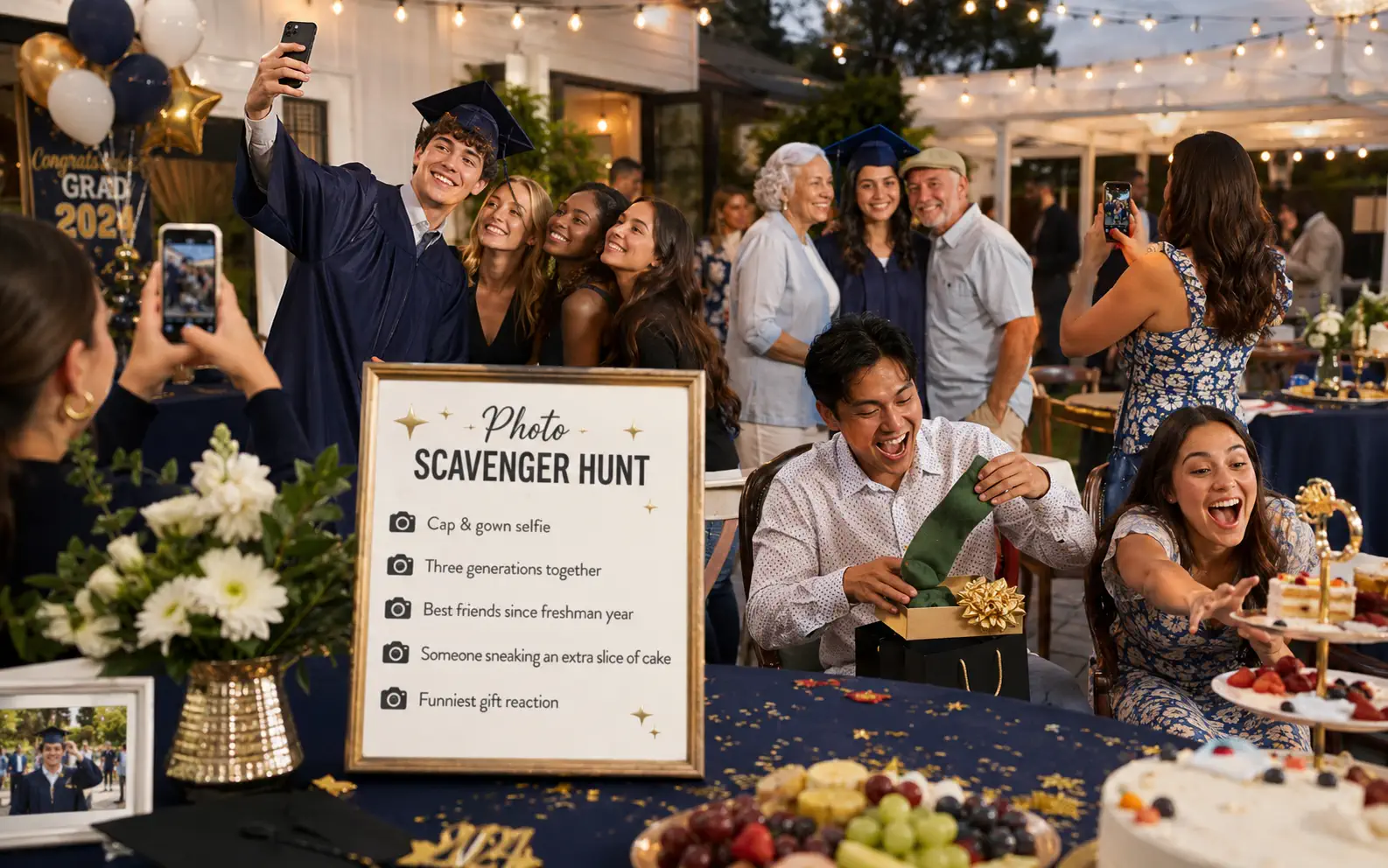Graduation photo scavenger hunt prompts on a phone