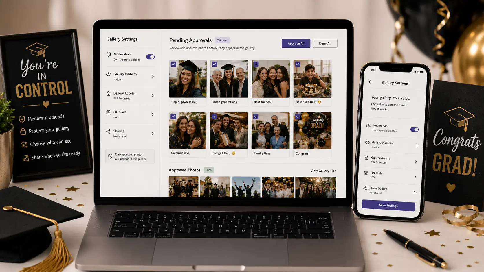 Graduation gallery moderation and privacy controls in the dashboard
