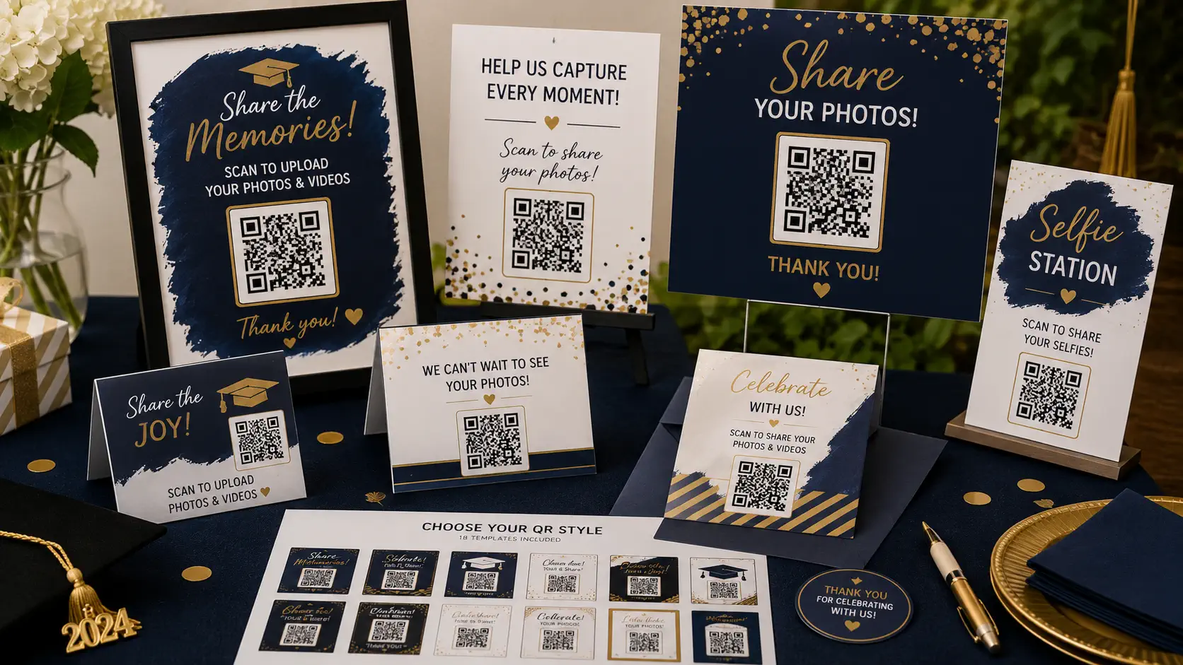 Printable graduation party QR code templates for table tents and signs