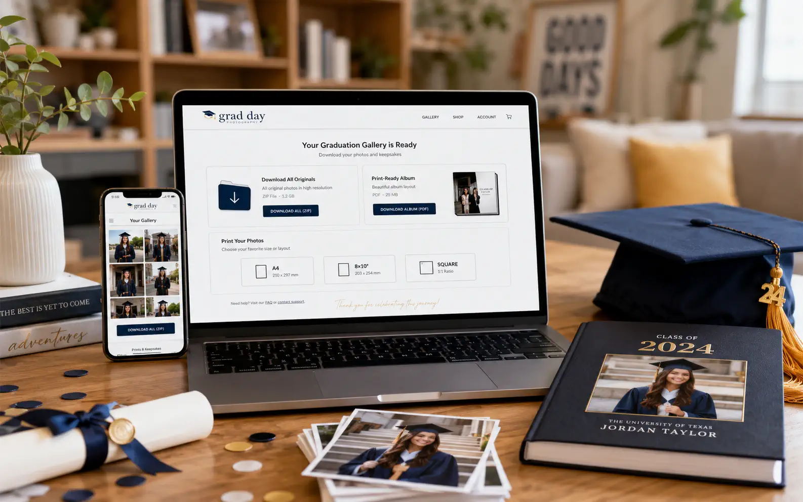 Download graduation party photos as ZIP and print-ready album PDF