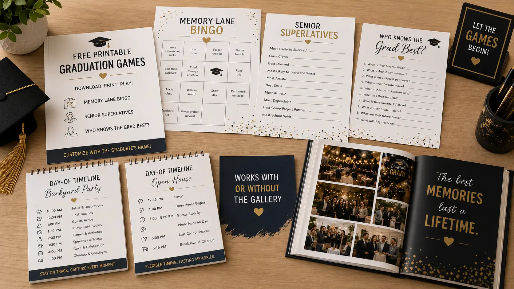Free printable graduation party games and day-of timeline PDF