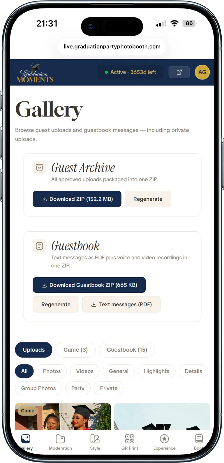 Demo dashboard on a phone — manage graduation party photos and guest book