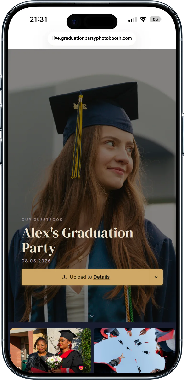 Live demo graduation party photo gallery on a phone
