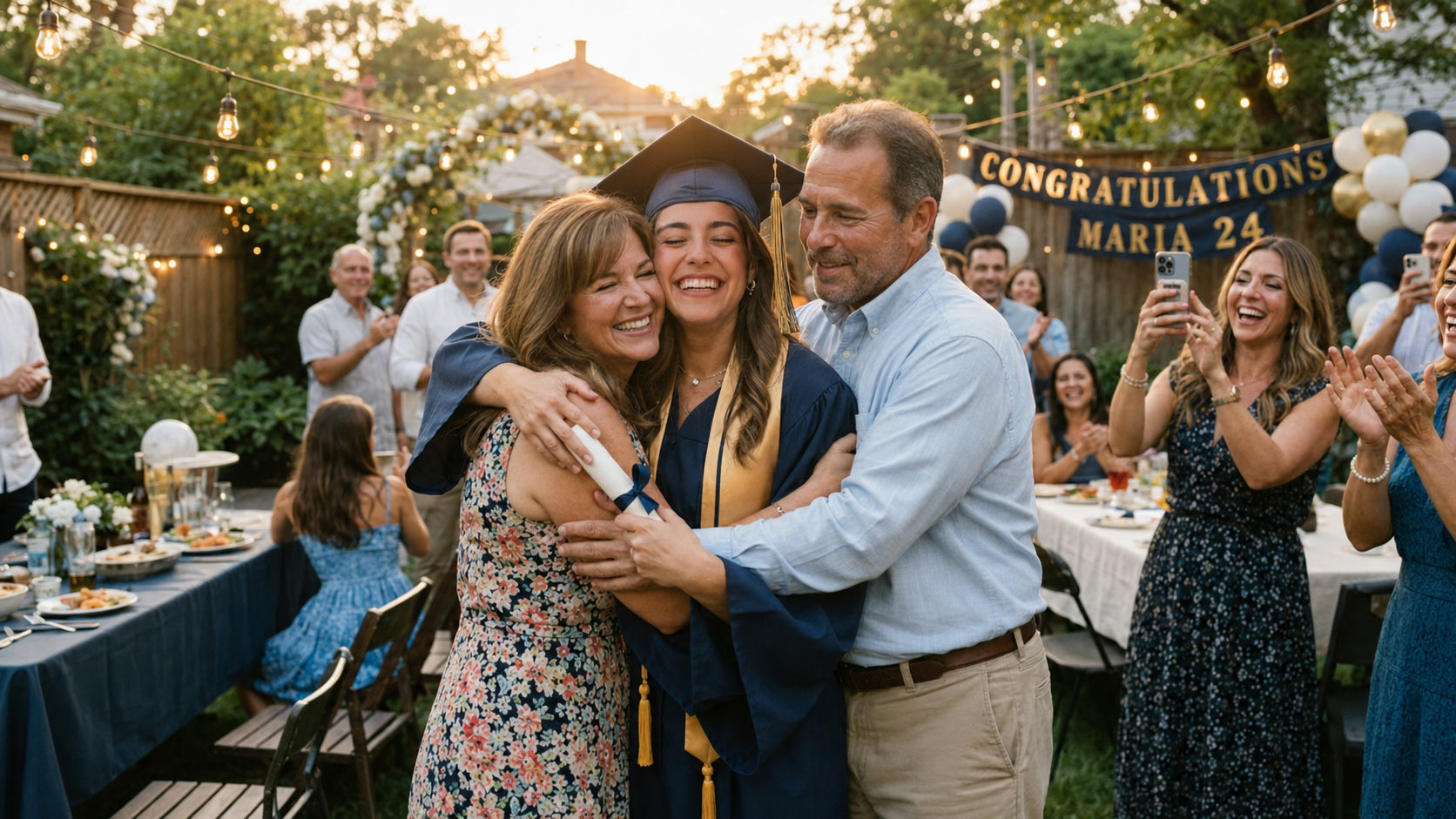 High school graduate in cap and gown at graduation party — guests taking photos