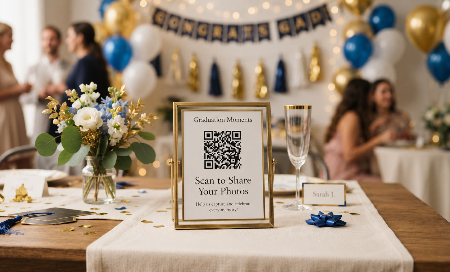 Graduation party photo booth alternative — QR code table tent for guest photo uploads