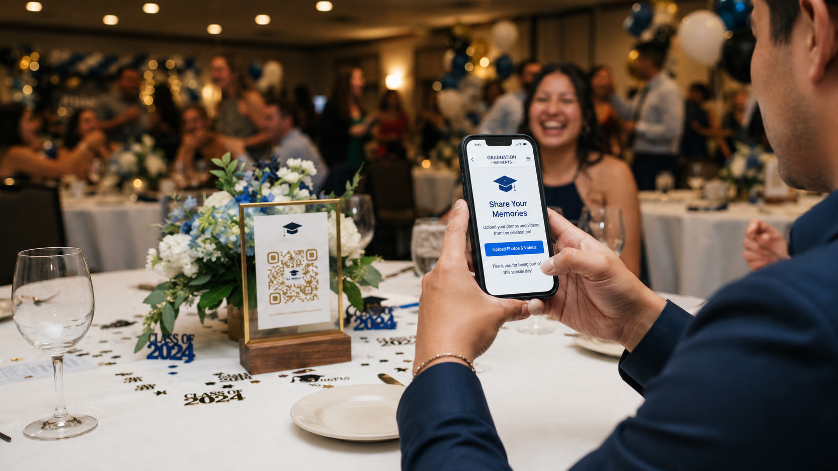 Guest uploading graduation party photos via QR code — no app