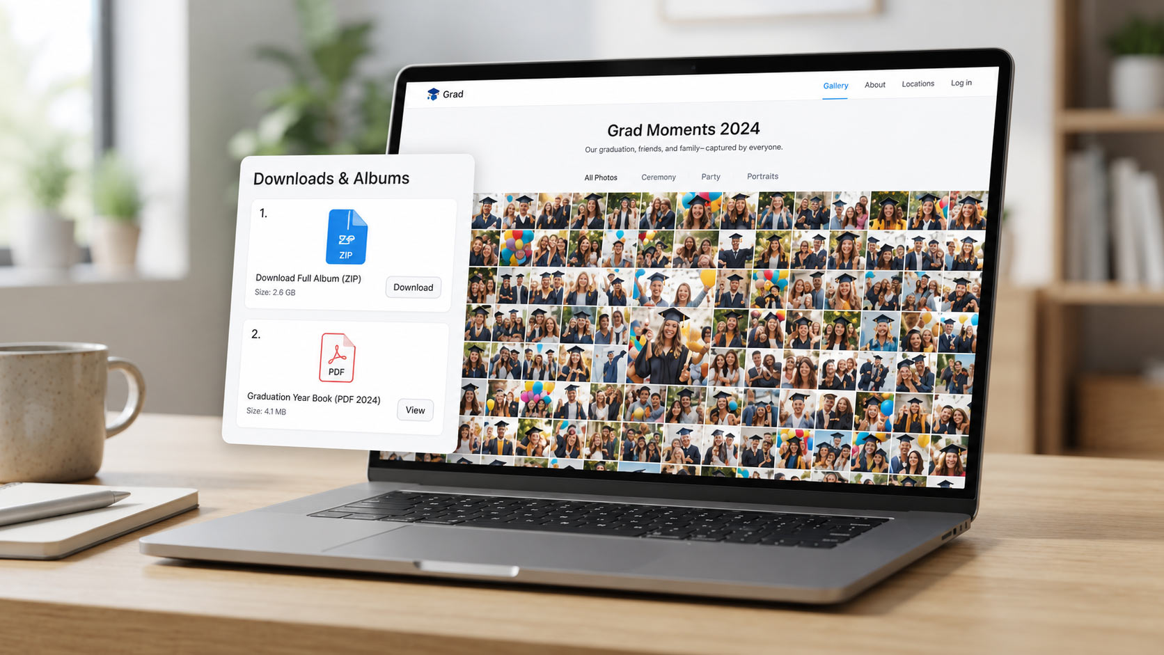 Graduation party photo gallery on laptop — ZIP download and print-ready PDF album